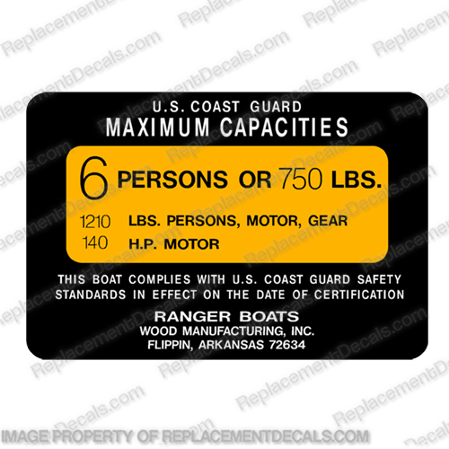 Ranger Boats Capacity Decal - 6 Person capacity, plate, sticker, decal, ranger, boats ,6, person,