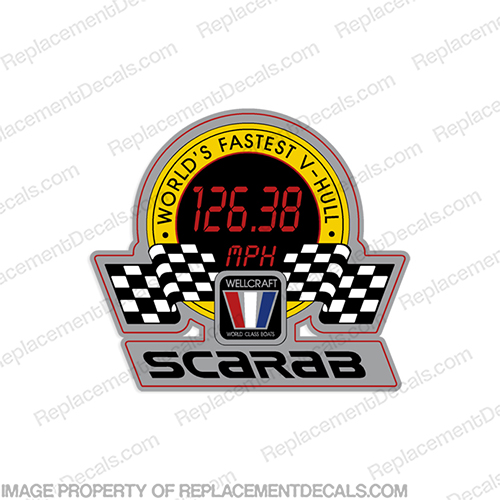 Scarab Wellcraft "Worlds Fastest V-Hull" Boat Logo Decal (126.38 MPH) v, hull, v hull, INCR10Aug2021