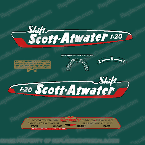 Scott Atwater 7.5hp 1-20 Model 503 Outboard Engine Decal Sticker Kit - 1950 - 1951 scott, atwater, 1-20, 503, model, 7.5, hp, outboard, engine, motor, decal, kit, set