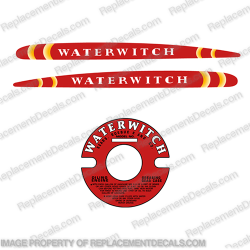 1938 Waterwitch by Sears Roebuck and Co. Decal Kit outboard, engine, motor, gas, fuel, tank, decal, sticker, replacement, water, witch, new, 3 1/4, 3, gal, 3.25gal, 3.25gallon, 6, gallon, wiz, wizard