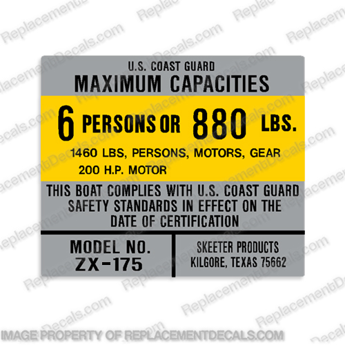 Skeeter ZX175 Boat Capacity Decal - 6 Person  skeeter, zx, 175, c, bay, 6, person, grady, white, gradywhite, capacity, regulation, plate, decal, sticker, 190, tournament, tarpon, hp, outboard motor, tiller, engine, decal, sticker, kit, set, INCR10Aug2021