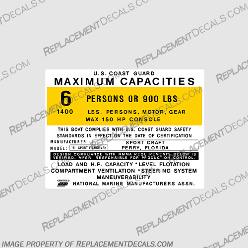 Sport Craft 18 Capacity Decal - 6 Person Sport, Craft, 18, Capacity, Decal, 6, person, people,
