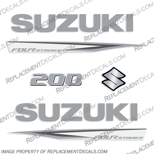 Suzuki 200hp Fourstroke Outboard Decal Kit - New 2019 and Up suzuki, 200, 200hp, 2019, 2020, 2021, 2022, 2023, 2024, 2025, 2026, new, style, decal, decals, set, kit, stickers, outboard, engine, motor, fourstroke, silver