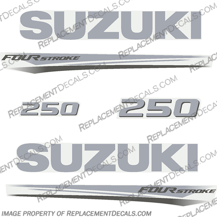 Suzuki 250 Fourstroke New 2017 and Up  suzuki, 250, 250hp, 2017, 2018, 2019, 2020, new, style, decal, decals, set, kit, stickers, outboard, engine, motor, fourstroke, silver