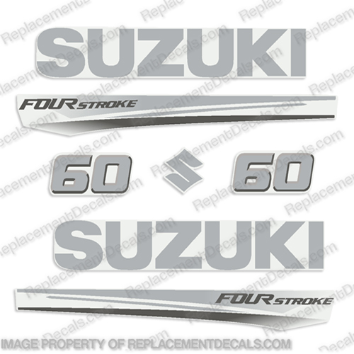 Suzuki 60 Fourstroke New 2017 and Up  suzuki, 60, 70hp, 2017, 2018, 2019, 2020, 2021, 2022, new, style, decal, decals, set, kit, stickers, outboard, engine, motor, fourstroke, silver