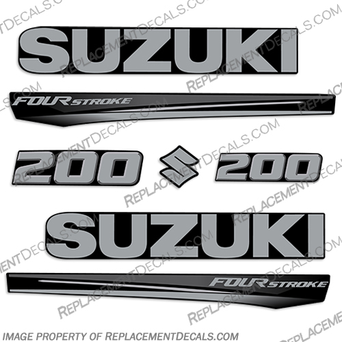 Suzuki 200 Fourstroke New 2017 and Up - Black Cowl  suzuki, 150, 250hp, 2017, 2018, 2019, 2020, 2021, 2022, new, style, decal, decals, set, kit, stickers, outboard, engine, motor, fourstroke, silver, black, cowl, 200,