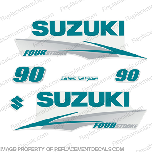Suzuki 90hp FourStroke Decals (Teal/Silver) 2013+   hp, outboard motor, tiller, engine, decal, sticker, kit, set, 90, 90hp, four, stroke, 2014, 2015, 2016, 2017, 2018, INCR10Aug2021