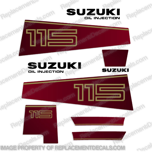 Suzuki 115hp DT115 Decal Kit - 1980s - 1990s Burgundy suzuki, dt, 115, hp, 1987, outboard, engine, motor, decal, sticker, kit, set, decals, burgundy