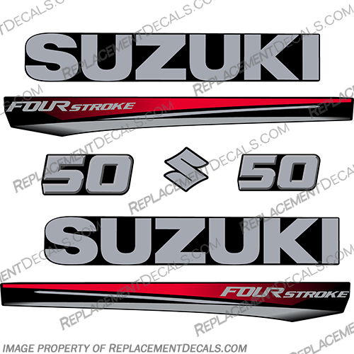 Suzuki 50 Fourstroke New 2017 and Up - Red Cowl suzuki, 50, 50hp, 60hp, 60, 70hp, 2017, 2018, 2019, 2020, 2021, 2022, red, red cowl, new, style, decal, decals, set, kit, stickers, outboard, engine, motor, fourstroke, silver