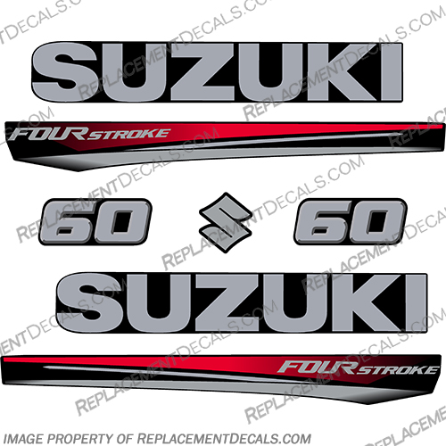 Suzuki 60 Fourstroke New 2017 and Up - Red Cowl suzuki, 50, 50hp, 60hp, 60, 70hp, 2017, 2018, 2019, 2020, 2021, 2022, red, red cowl, new, style, decal, decals, set, kit, stickers, outboard, engine, motor, fourstroke, silver
