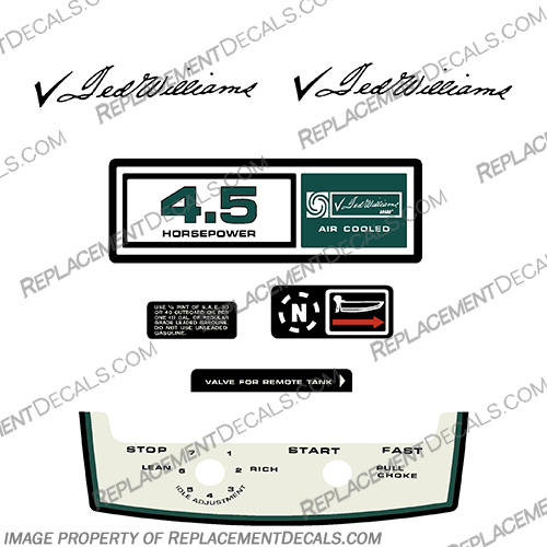 Ted Williams Outboard Motor Decal Kit 4.5hp Air Cooled 1972 1973 1974 ted, williams, william, outboard motor, engine, tank, decal, sticker, 4.5hp, 4.5, 45, 45hp, Air, Cooled, 1972, 1973, 1974