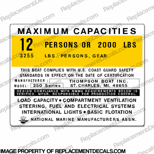Thompson 250 Series Boat Capacity Decal - 12 person INCR10Aug2021