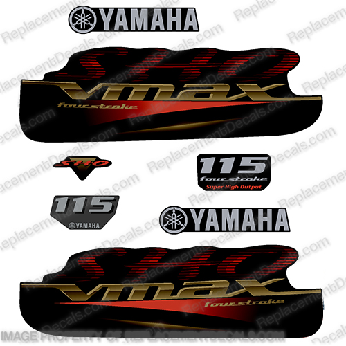 Yamaha 115hp VMAX SHO Fourstroke Decals - Red / Gold / Silver  v max, v-max, four stroke, four-stroke, 115, hp, red, gold, outboard, motor, engine, decal, sticker, kit, sho, vmax