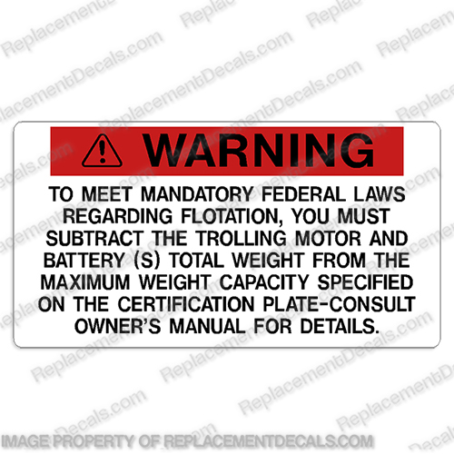 Warning Decal - Mandatory Federal Laws Regarding Flotation Subtract Trolling Motor warning, decal, sticker, attach, shut, down, switch, lanyard, mandatory, federal, laws, trolling, motor, subtract, from, weight