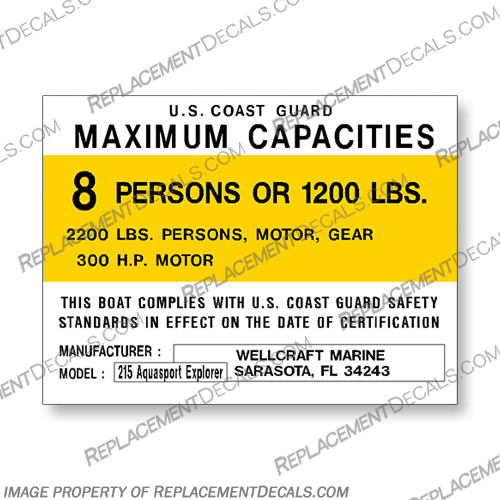 Wellcraft 215 Aquasport Explorer Capacity Decal - 8 Person Well, craft, wellcraft, 215, aqua, sport, aquasport, explorer, capacity, decal, 8, person
