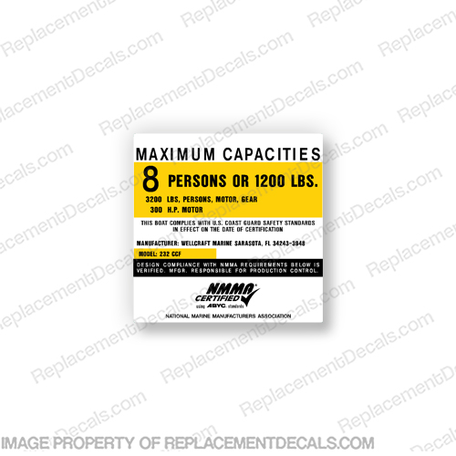 Wellcraft Marine 232 Fisherman CCF Capacity Decal - 8 Person  boat, logo, decal, capacity, plate, sticker, decal, regulation, coast, guard, warning, fuel, gas, diesel, safety, INCR10Aug2021