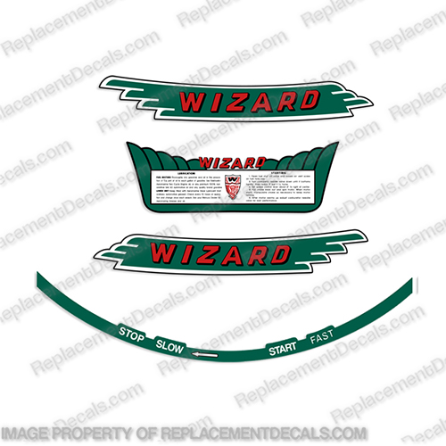 Wizard WB2 WB4 Outboard Engine Decal Kit - 1940s Wiz, wizard, mercury, power, matic, powermatic, wb2, wb, wb4, wb 2, wb 4,  hp, 1940, 1941, 1942, 1943, 1944, 1945, 1946, 1947, 1948, 1949,, outboard motor, tiller, engine, decal, sticker, kit, set, INCR10Aug2021