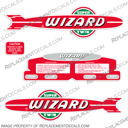 Wizard 6hp (WF-4, WG-4) Decal Kit - 1949-1950 wizard, 6hp, 6, hp, wg4, wf4, decal, decals, kit, stickers, set, 1949, 1950, 49, 50, outboard, motor, engine, 