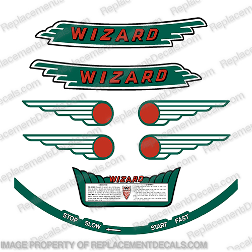 Wizard W Series Outboard Engine Decal Kit - 1940s Wiz, wizard, mercury, power, matic, powermatic, wb2, wb, wb4, wb 2, wb 4,  hp, 1940, 1941, 1942, 1943, 1944, 1945, 1946, 1947, 1948, 1949,, outboard motor, tiller, engine, decal, sticker, kit, set, INCR10Aug2021